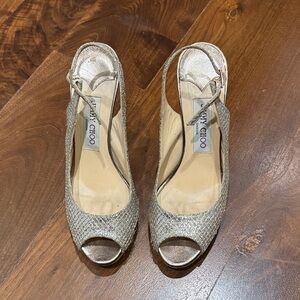 Jimmy Choo Glittering Silver Peep-Toe Heels